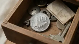 Moneta da 10 lire con spiga in un cassetto di legno insieme a chiavi e bottoni