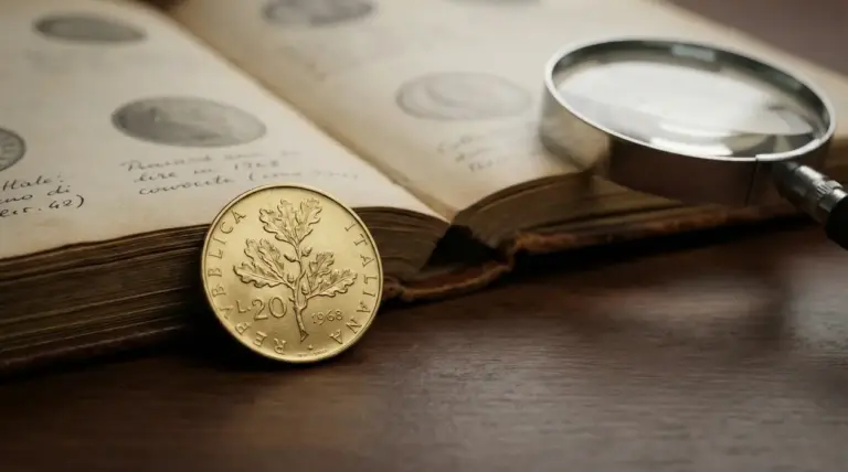 Moneta italiana da 20 lire con ramo di quercia del 1968 accanto a un libro di numismatica
