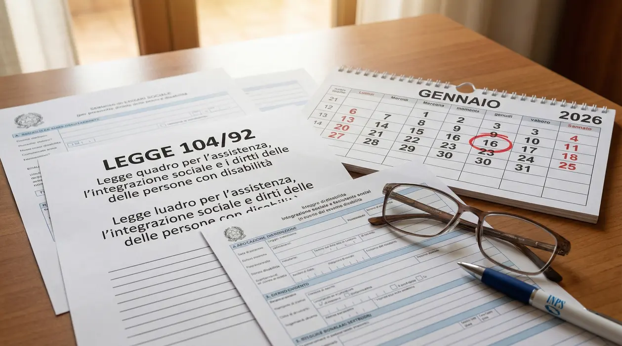Documenti relativi alla Legge 104 su un tavolo con un calendario aperto al mese di gennaio 2026