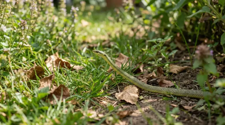 Serpente in un giardino tra erba e foglie secche