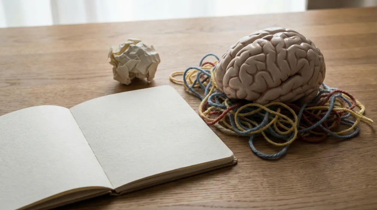 Modello di cervello su fili colorati accanto a un quaderno aperto su un tavolo