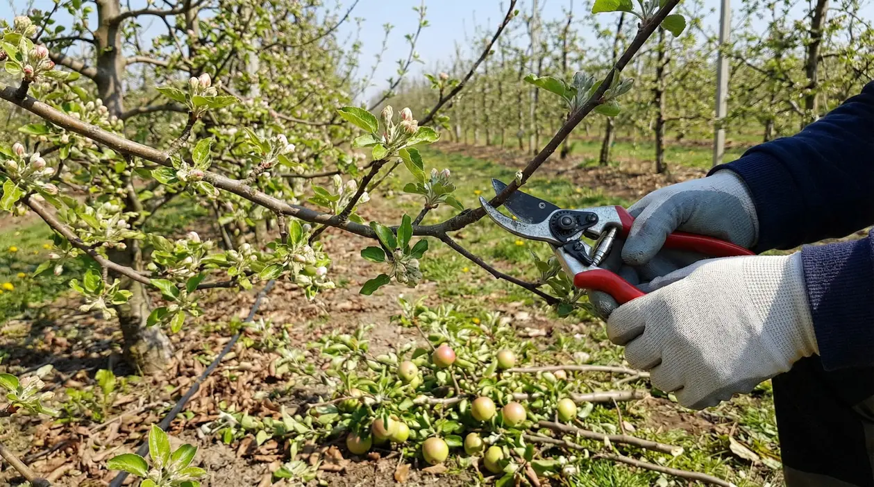 Potatura di un ramo di melo in un frutteto durante la fioritura