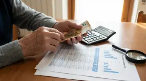 Persona anziana che conta banconote e monete accanto a documenti finanziari