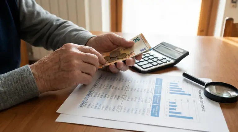 Persona anziana che conta banconote e monete accanto a documenti finanziari