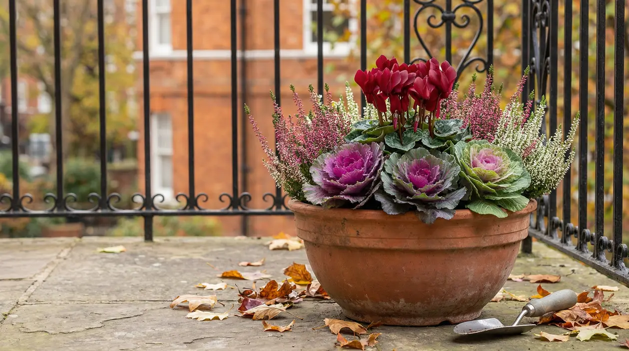 Vaso di fiori autunnali colorati su un balcone, con foglie cadute intorno