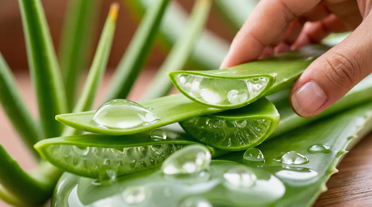 Fette di foglia di aloe vera con gel visibile e una mano che ne solleva una