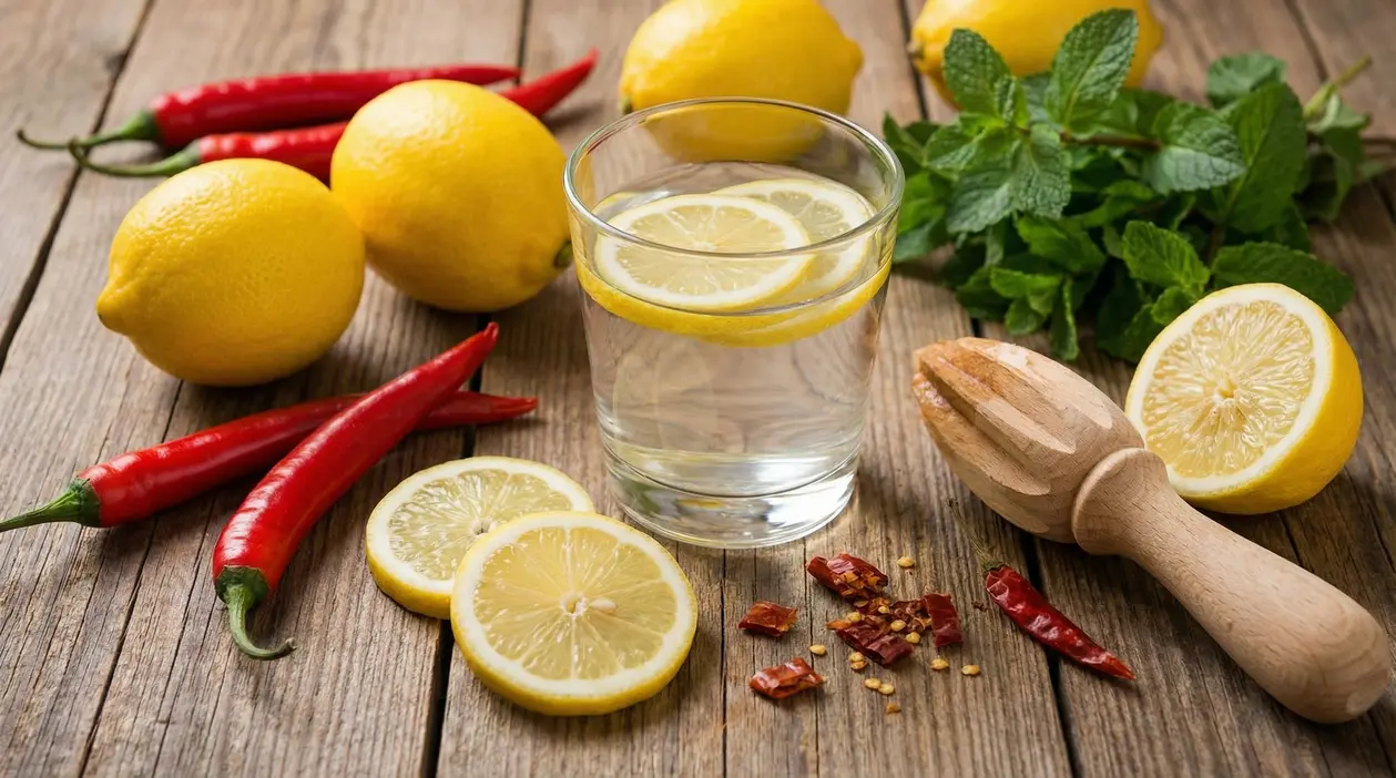 Limoni, peperoncini rossi e bicchiere d'acqua con fette di limone su tavolo di legno