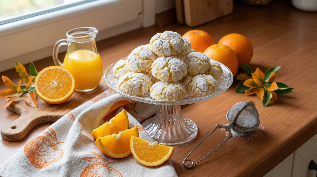 Biscotti morbidi all'arancia su alzata di vetro con succo e fette d'arancia su tavolo di legno
