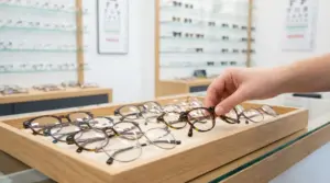 Una mano sceglie un paio di occhiali da una selezione in un negozio di ottica