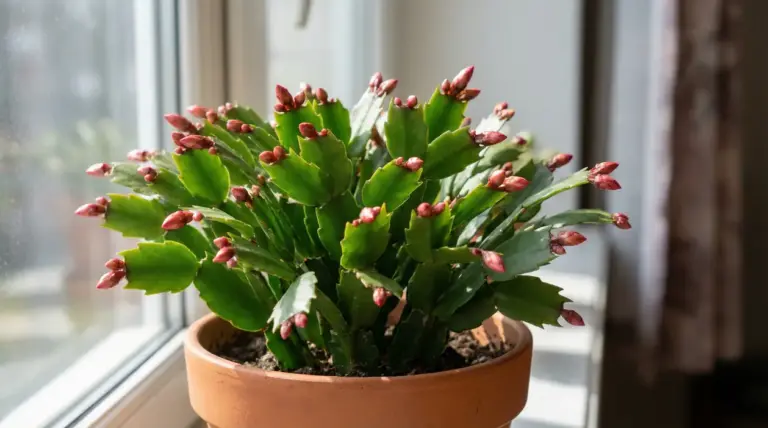 Cactus di Natale in vaso con numerosi boccioli rosa su un tavolino in salotto