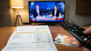 Fattura elettrica su un tavolo con telecomando, banconote e televisione accesa sullo sfondo