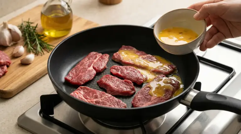 Fettine di carne cruda in padella con uovo sbattuto versato sopra durante la cottura