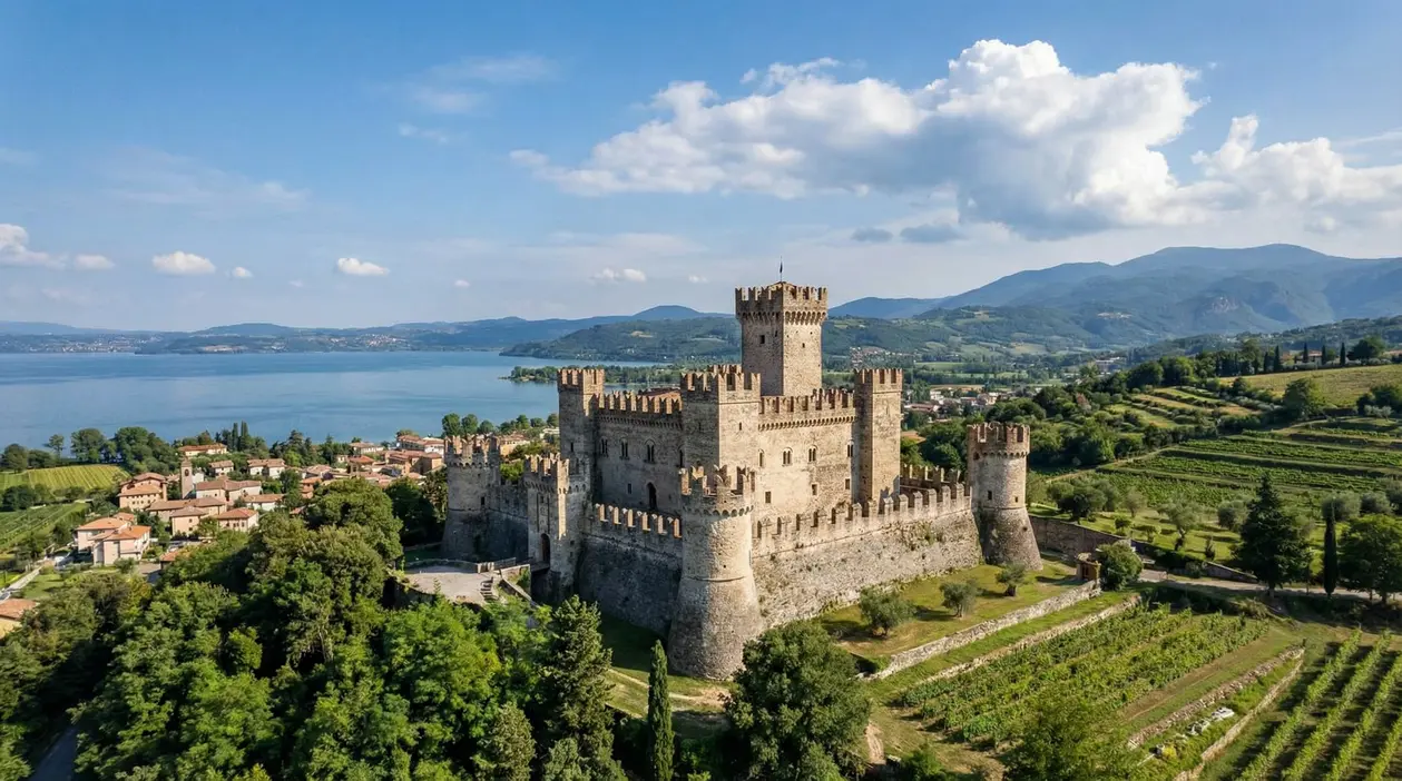 Castello medievale ben conservato circondato da colline verdi, vicino a un lago
