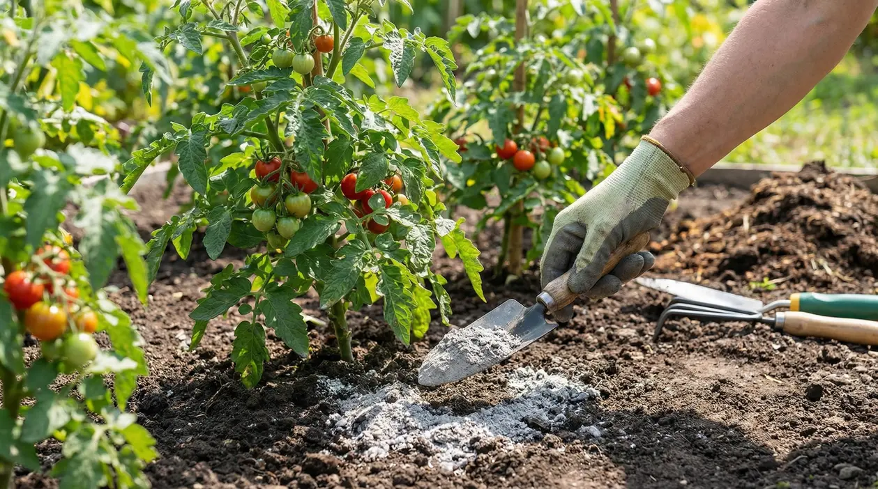 Mano con guanto sparge cenere alla base di piante di pomodoro in un orto.