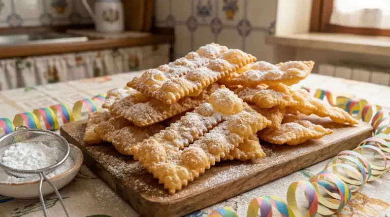 Chiacchiere di Carnevale croccanti con zucchero a velo su un tagliere in cucina