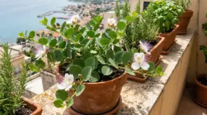 Pianta di capperi in fiore coltivata in vaso su un balcone soleggiato con vista sul mare