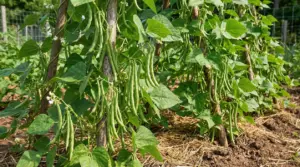 Piante di fagiolini rampicanti che crescono su tutori in un orto soleggiato