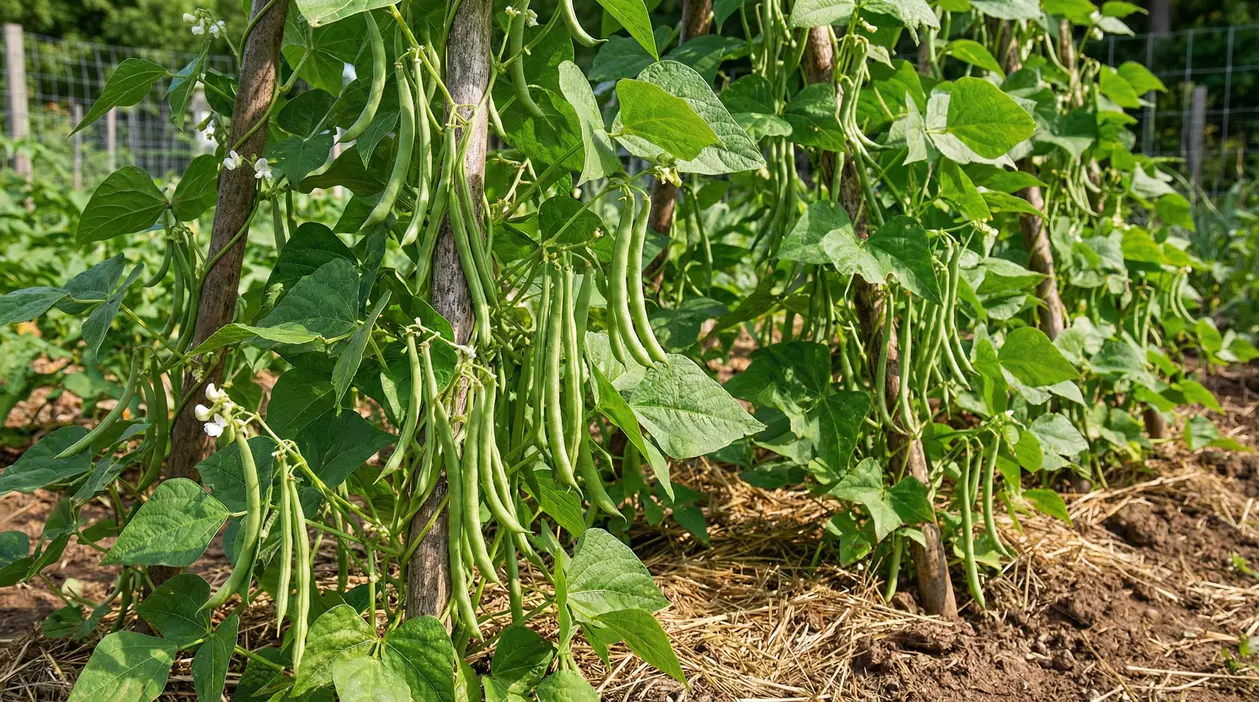 Piante di fagiolini rampicanti che crescono su tutori in un orto soleggiato
