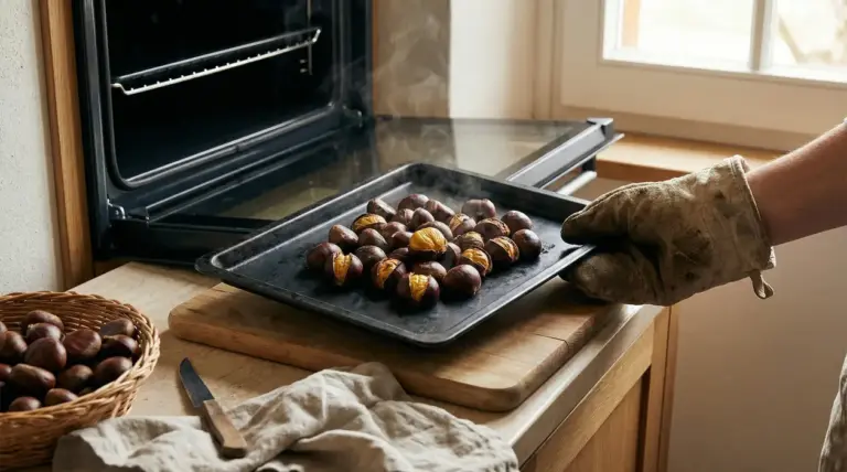 Teglia di castagne appena sfornate su un piano da cucina accanto a un cestino di castagne crude