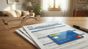 Documenti per l'assegno di inclusione, occhiali da vista e carta Poste Italiane su un tavolo