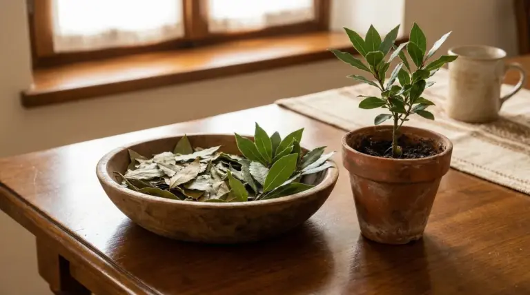 Pianta di alloro in vaso e foglie secche in una ciotola su un tavolo in legno