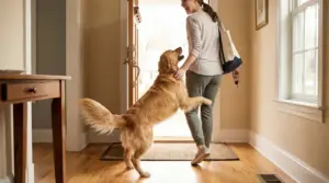 Cane felice che salta sulla padrona appena rientra in casa
