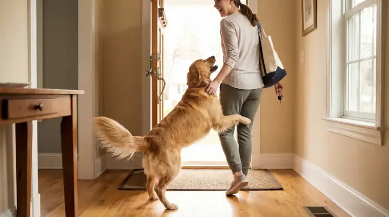 Cane felice che salta sulla padrona appena rientra in casa