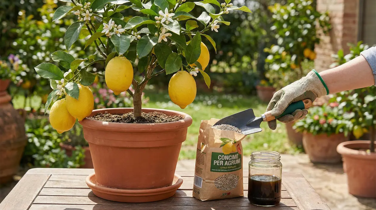 Albero di limone in vaso con frutti maturi e concime per agrumi su un tavolo da giardino