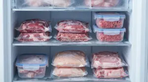 Carne congelata conservata in contenitori e sacchetti all'interno di un congelatore domestico.