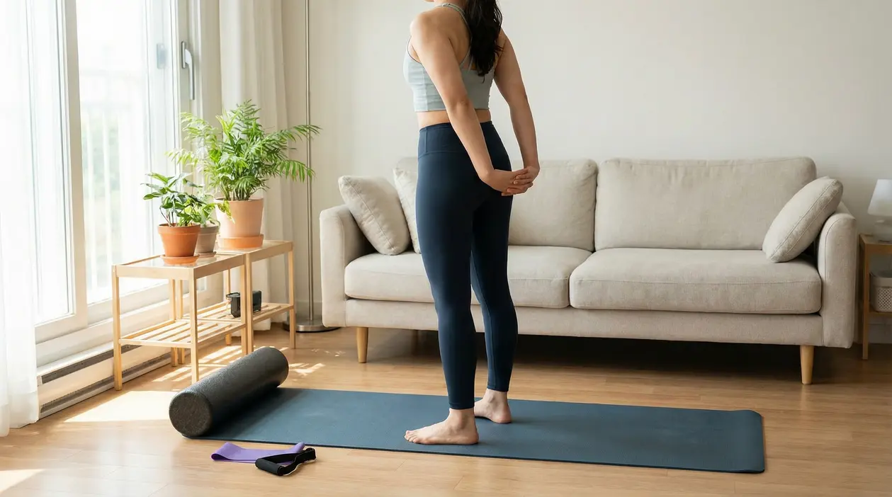 Persona in piedi su un tappetino da yoga che fa stretching in salotto