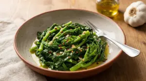 Piatto di cime di rapa cotte condite con aglio, olio e peperoncino su un tavolo in legno