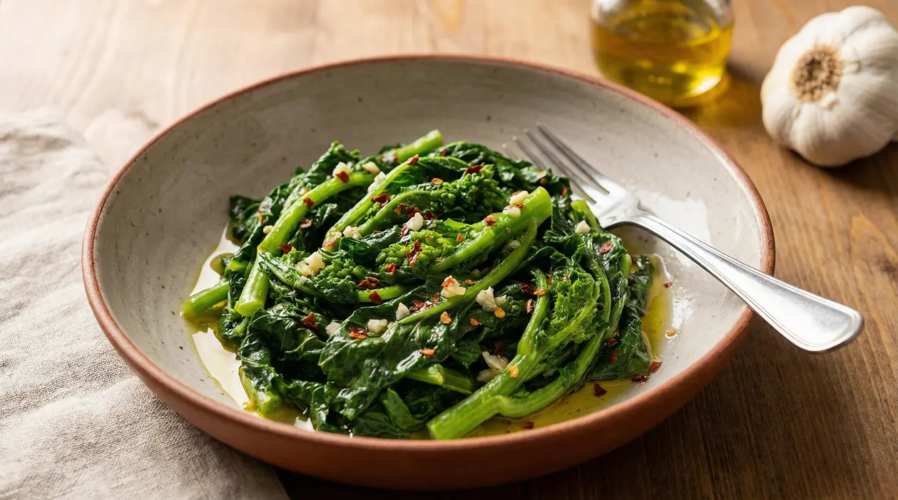 Piatto di cime di rapa cotte condite con aglio, olio e peperoncino su un tavolo in legno