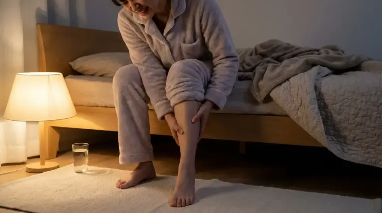 Persona seduta sul letto che si massaggia il polpaccio durante un possibile crampo notturno alla gamba