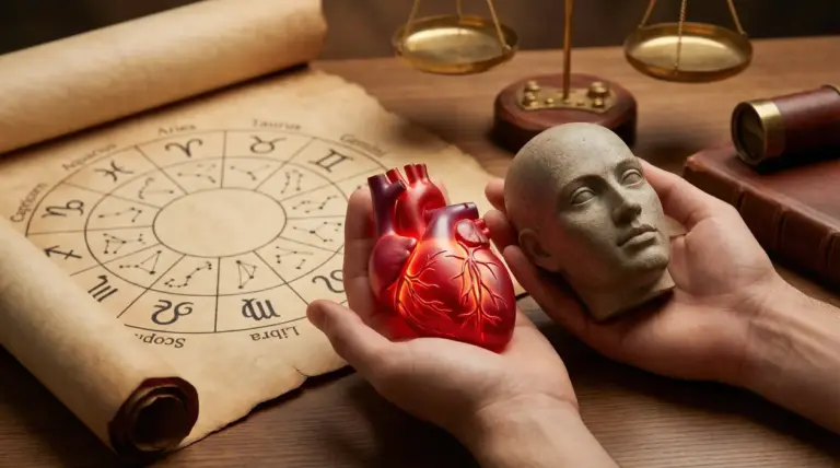 Mani che tengono un cuore anatomico e una testa scultorea davanti a una ruota zodiacale