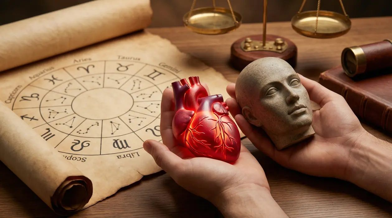 Mani che tengono un cuore anatomico e una testa scultorea davanti a una ruota zodiacale