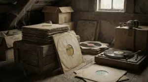 Vecchi dischi in vinile su casse di legno in una soffitta polverosa, accanto a un giradischi vintage.