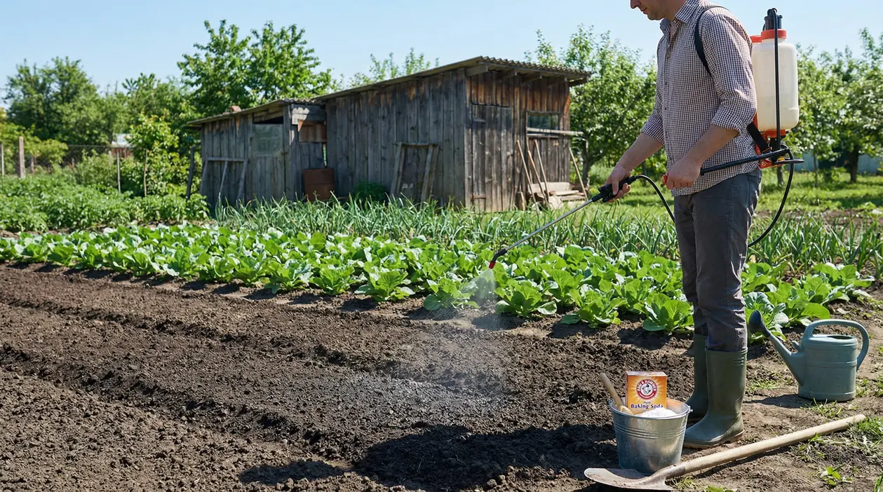 Persona che disinfetta in modo naturale il terreno di un orto con uno spruzzatore