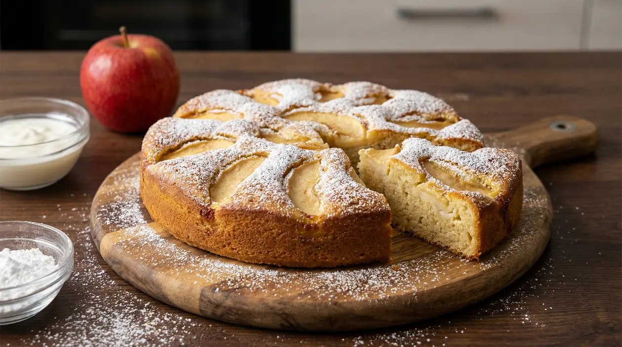 Torta soffice alle mele su tagliere di legno con zucchero a velo spolverato, yogurt e mela a fianco