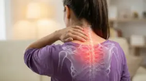 Persona vista di spalle si tocca il collo con evidenza grafica del dolore alla colonna vertebrale