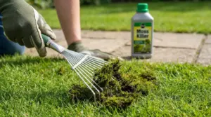 Persona con rastrello che rimuove muschio da un prato verde.