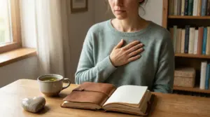 Persona seduta con la mano sul petto davanti a un diario aperto e una tazza di tè