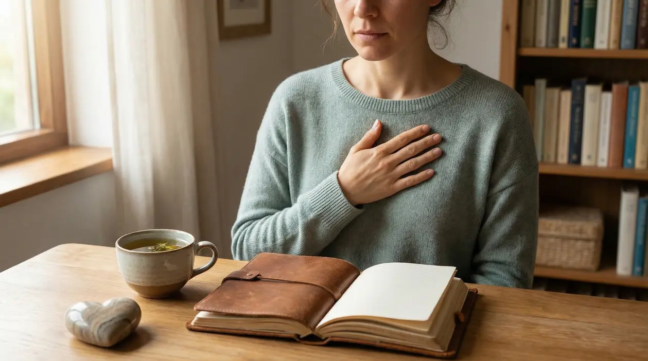 Persona seduta con la mano sul petto davanti a un diario aperto e una tazza di tè