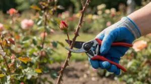 Mano con guanto da giardinaggio che tiene cesoie vicino a un bocciolo di rosa