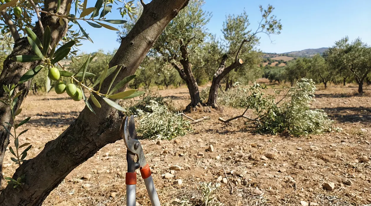 Ramo di ulivo con olive verdi e forbici da potatura in un oliveto