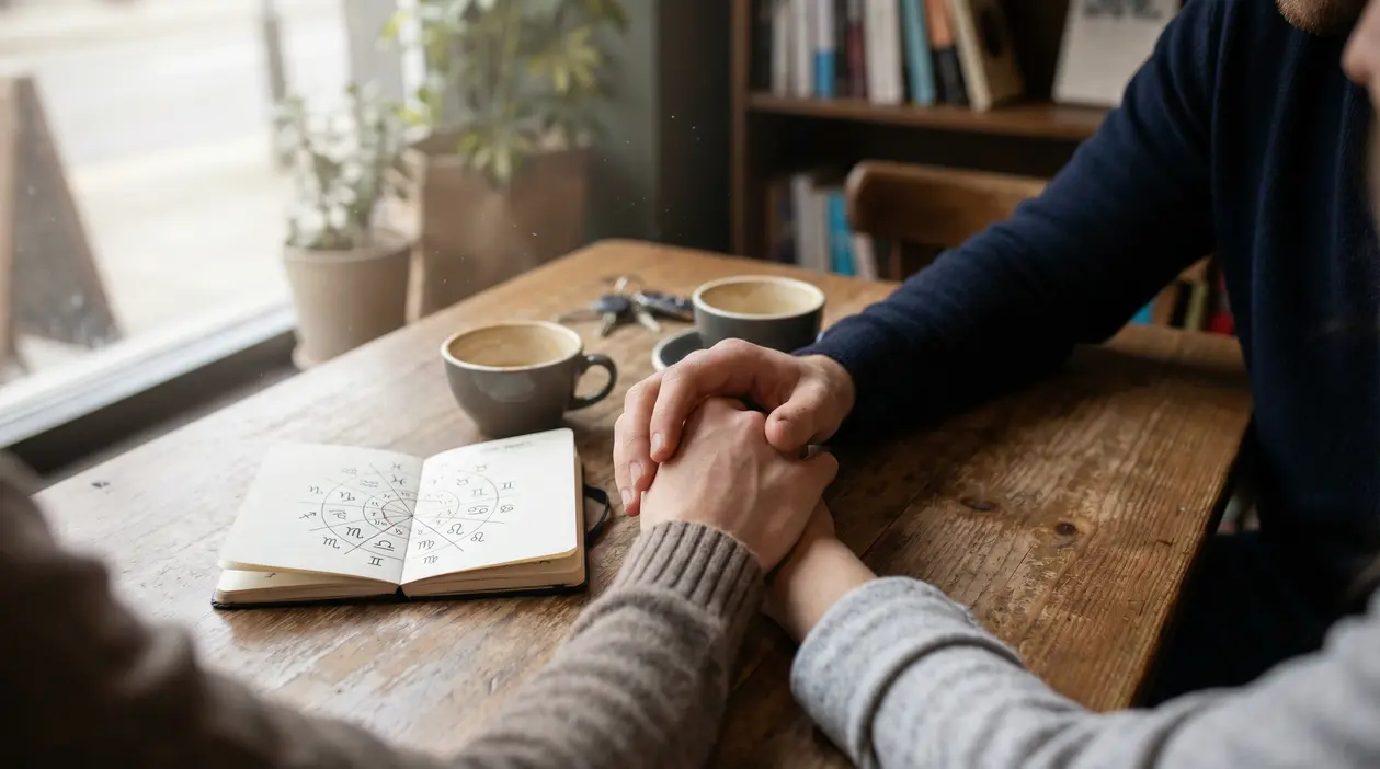 Due persone si tengono per mano a un tavolo con un quaderno di astrologia e due tazze di caffè