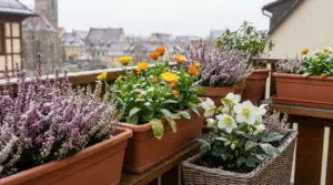 Vasi con fiori invernali colorati su un balcone con paesaggio urbano innevato sullo sfondo