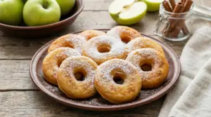 Frittelle di mele leggere spolverate di zucchero a velo su un piatto di legno