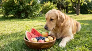 Cane che osserva una ciotola con frutta fresca nel prato