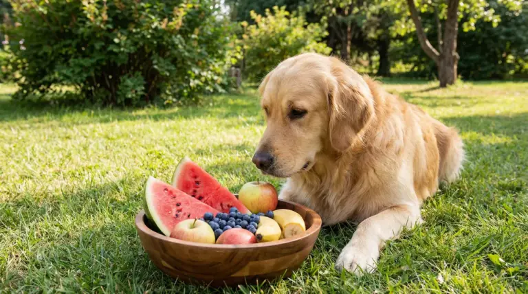 Cane che osserva una ciotola con frutta fresca nel prato