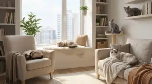 Cinque gatti rilassati in un salotto luminoso con mobili chiari e vista sulla città